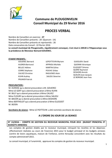 Séance du 29 février 2016