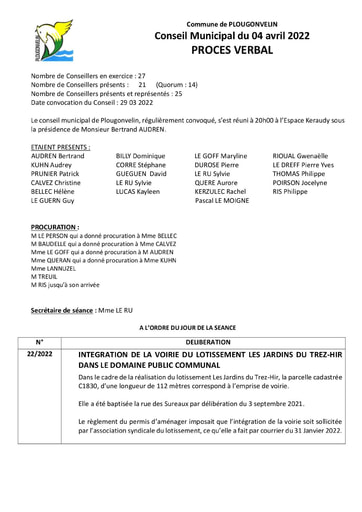 PROCES VERBAL DU 04 AVRIL 2022