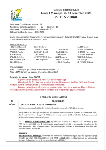 PROCES VERBAL CONSEIL MUNICIPAL DU 16 DECEMBRE 2020
