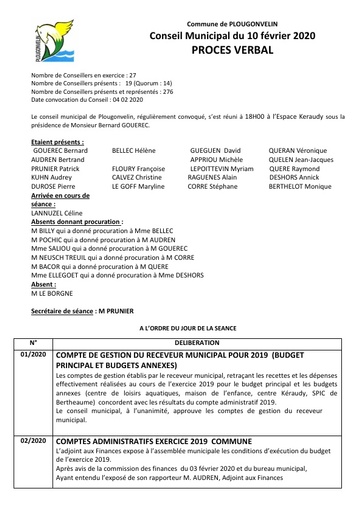 PROCES VERBAL CONSEIL MUNICIPAL DU 10 FEVRIER 2020