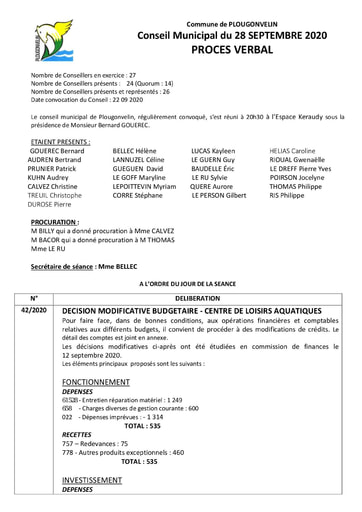 PROCES VERBAL DU CONSEIL MUNICIPAL DU 28 09 2020
