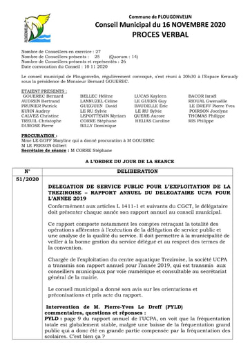 PROCES VERBAL CONSEIL MUNICIPAL DU 16 NOVEMBRE 2020